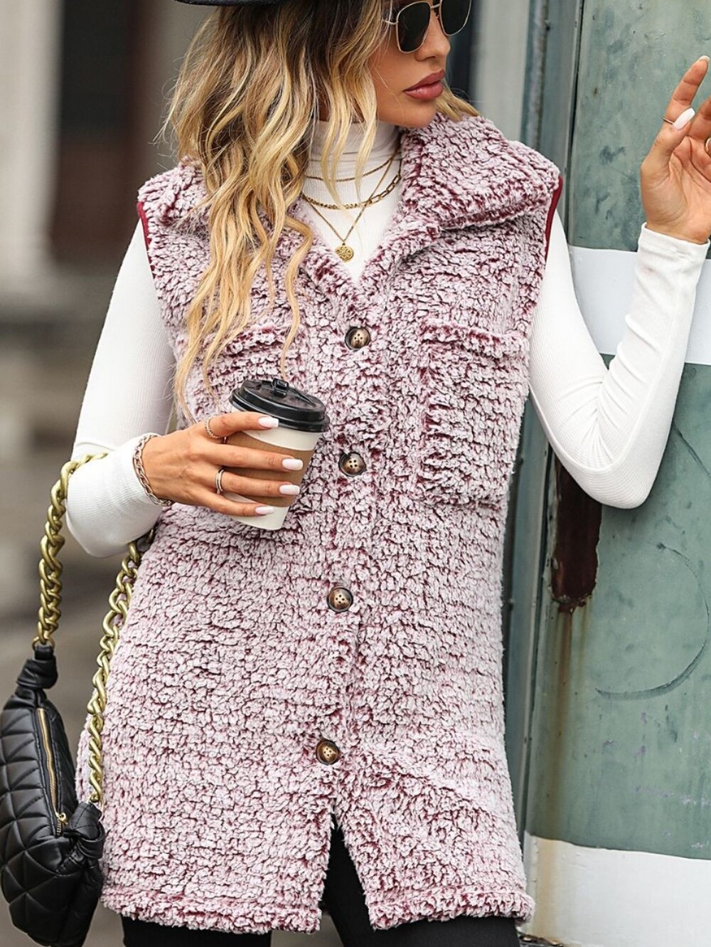 Arctic Allure Button-Down Sherpa Vest - Pink
